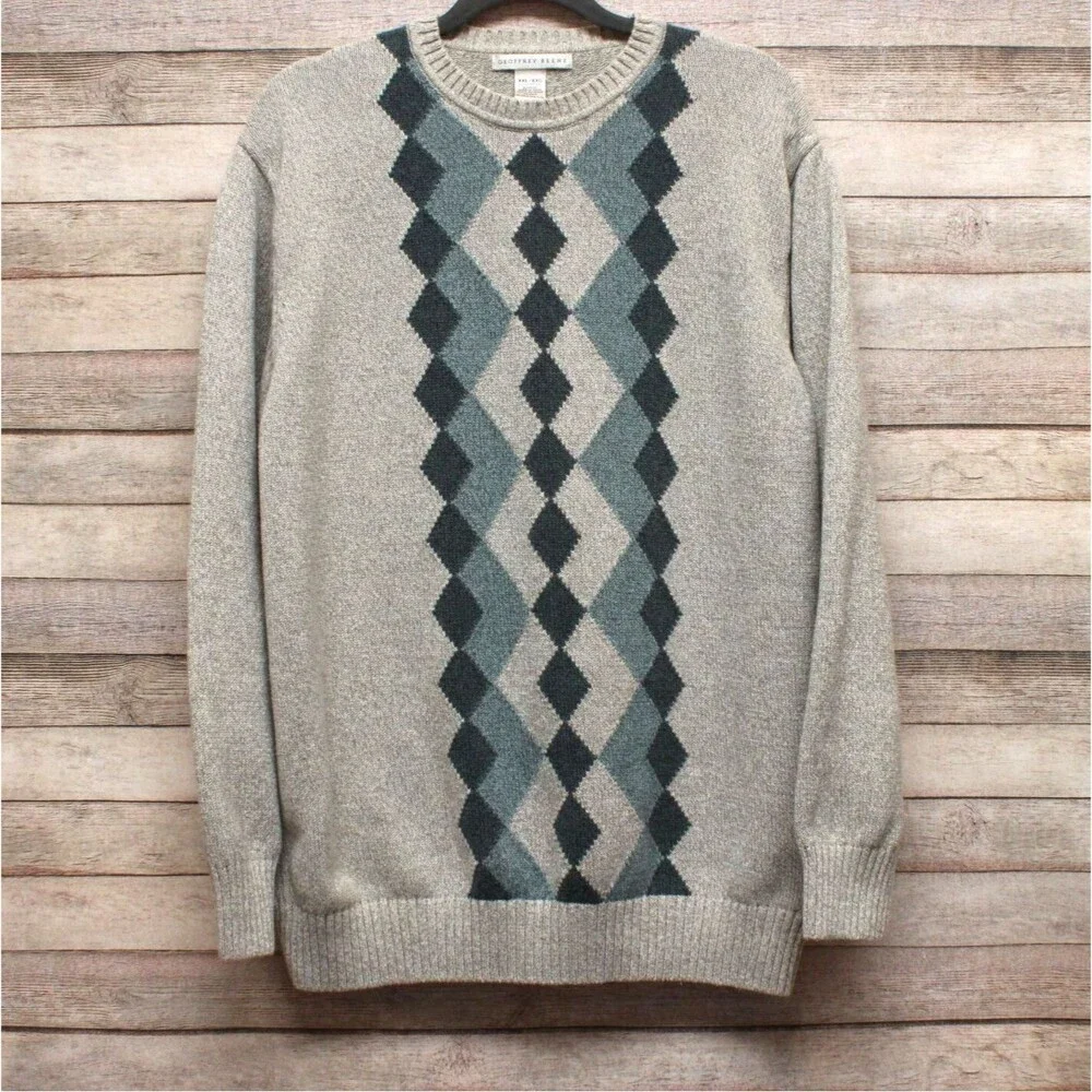 Geoffrey Beene Mens XXL Gray Argyle Sweater Cotton